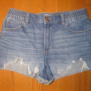 SO Ladies Mid Rise elastic waist Denim Shorts Distressed Med Blue Large